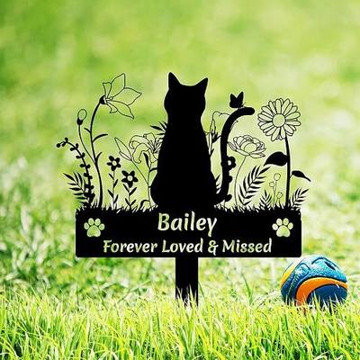 Custom Cat Name Memorial Grave Stake Marker, Personalized Floral Cat Memorial Grave Marker, Customized Flowers Butterfly Cat Memorial Stake Outdoor Metal Grave Plaque Cat Memorial Statue