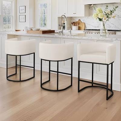 LUE BONA Counter Height Bar Stools Set of 3, Modern Barrel Counter Stools with Backrest and Arms, Black Metal Frames, Linen Fabric Upholstered Accent Barstools for Kitchen Island, Beige