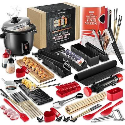 CraftZee Sushi Making Kit - Complete Sushi Maker Kit with Bazooka Roller, Rice Cooker, Onigiri, Nigiri & Musubi Mold, Rice Ball Mold, Bamboo Rolling Mat, Knife, Guide Book & More