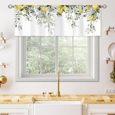 oolygoo Sage Green Eucalyptus Botanical Leaves Valances Kitchen Curtains Flower Window Drapes Floral Plants Botanical Wildflower Bedroom Bathroom Living Room Treatment Tier 1 Panel 52Wx18H Inch