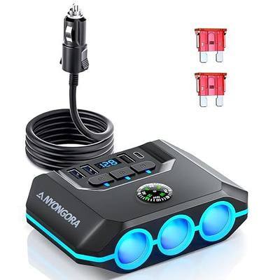 Anyongora 7-in-1 Cigarette Lighter Splitter, 120W Car Charger Adapter with 3 Sockets & Independent Switches, 4 USB Ports (USB-A/USB-C), LED Voltage Display, UL Certified, Built-in Fuse + Spare Fuse