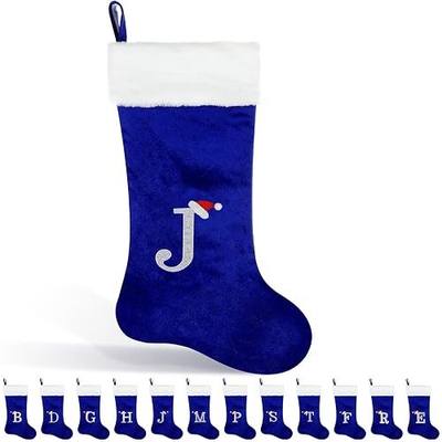 22 Inches Monogram Christmas Stocking with Letter Soft Velvet with White Plush Cuff Embroidered Initial Xmas Stockings for Christmas Holiday Fireplace Decoration Gifts (J Letter, Blue)