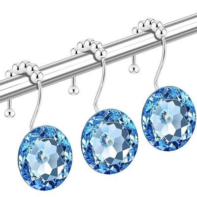 Blue Diamond Shower Curtain Hooks Crystal Rings for Bathroom【12Pack】, Silver Rust Proof Stainless Steel Hooks, Decorative Gem Hanger, Bling Rhinestone, Glittery, Cute, Fancy Accessories