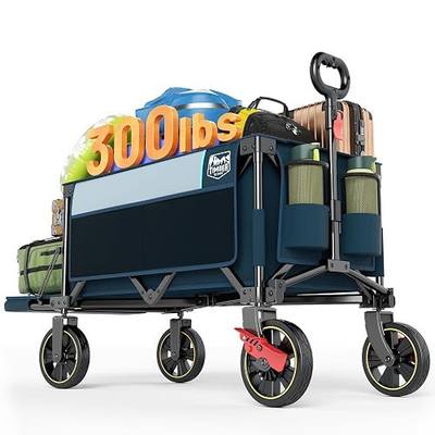 Timber Ridge 49" Extra Long Collapsible Folding Wagon with Tailgate&Brakes | 300lbs Heavy Duty Foldable Wagon with Adjustable Handle, 250L Capacity Portable Cart for Outdoor Camping Sports, Blue