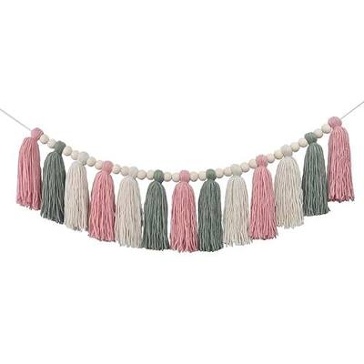 DrCor Boho Pink & Sage Green Tassel Garland – Pastel Classroom Decor, Bulletin Board Decorations, Baby Girl Nursery Wall Decor, Back to School Banner, Baby Shower & Birthday Party Decor