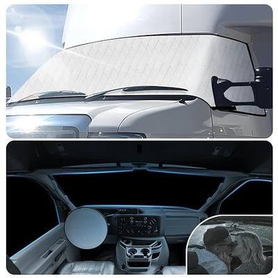 RV Windshield Cover with Steering Wheel Protector for Class C Ford E450 1997-2024 Motorhome,Windshield Cover for Ice and Snow RV Front Window Sunshade Cover RV Accessories(4 Layers with Mirror Cutout)