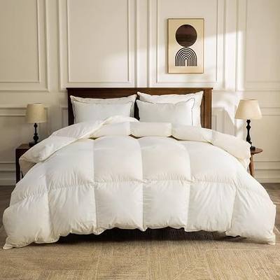 BPC Feather Down Comforter Queen Size, Hotel-Luxury Fluffy Duvet Insert with Organic Cotton Cover and Puffy Feather Down Filling for All-Season, Ivory White, 90x90 Inches
