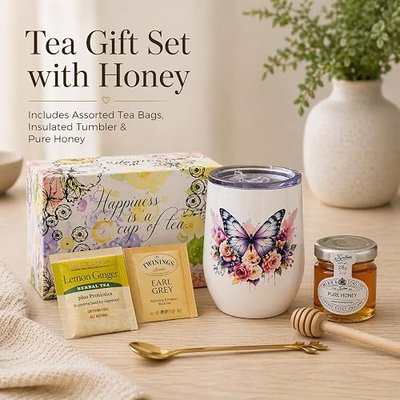 Tea Gift Set with Honey & Insulated Tumbler – Sampler Box with 18 Assorted Blends, Cozy Self Care Present for Women, Includes Teaspoon
