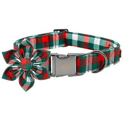 Elegant Little Tail Adjustable Dog Collar with Flower, Christmas Plaid Pattern for Medium Dogs