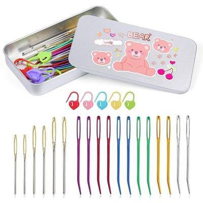 Nitlak 24 Pcs Tapestry Needles Bent Kit, Yarn Needle, Large Eye Sewing Darning Needles, Stainless Steel Hand Sewing Needles with Blunt Needles Stitch Markers Storage Cute Shape Box for Weaving