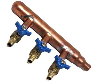 PEX Plumbing Manifold 3/4" Male 1/2" Ball Valve, Close End, Barbed (3 Port, Barbed End)