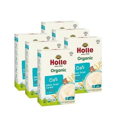Holle Organic Whole Grain Oat Baby Cereal, 8 oz, Pack of 6 | Six 8 oz boxes of organic whole grain oat cereal for babies 6+ months, made with biodynamic oats and no added sugar.