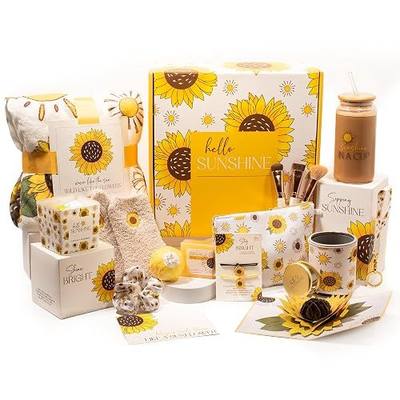 The Love Crate Co Sunflower Gifts for Women, Sunshine Gift Box | 15-Piece Gift-Ready Care Package with Blanket, Glass Tumbler & Spa Gifts for Birthdays, Get Well Soon & Thinking of You