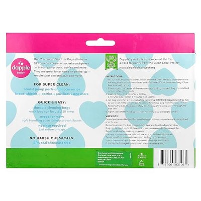 Dapple Baby Microwave Sterilizer Bags, Reusable for Breast Pump Parts & Baby Bottle, 20 Uses Per Bag, Great for Travel & Office, 8 Count (Pack of 1)