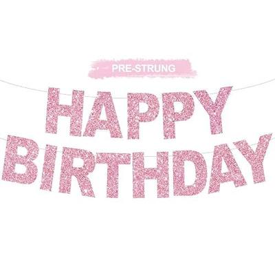 BEISHIDA Pre-Strung Glitter Pink Happy Birthday Banner Party Sign Decor | NO DIY,Happy Happy Birthday Banner Decorations,Happy Birthday Sign,Backdrop for Women/Kids birthday Party supplies