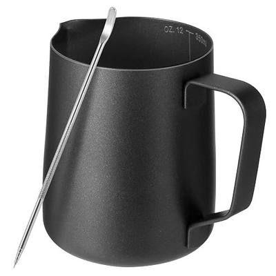 Milk Frothing Pitcher,Milk Steaming Frother Cup,Barista Cappuccino Latte Art Milk Jug with Decorating Pen,Stainless Steel Espresso Coffee Bar Accessories Tools (Black, 12oz)