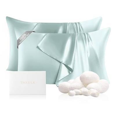 THXSILK Set of 2 100% Mulberry Silk Pillowcase for Hair and Skin, Grade 6A+ Mulberry Silk Pillow Cases 22 Momme, Hypoallergenic Pillow Case Cover with Zipper (Queen 20"x30", Light Blue)