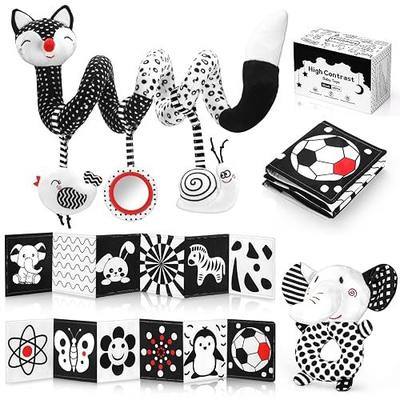 High Contrast Black and White Baby Toys 3-Piece Newborn Essentials Set with Hanging Toys,Rattle Crib Mobile,baby Book & Car Seat Stroller Toys for 0-3-6-12 Months Infant Development