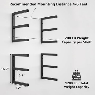 YYR Wood Organizer and Lumber Storage Rack Wall Mount, Heavy Duty Metal Shelf with 6-Level Holds Up 1200 LBS, Indoor & Outdoor Use - Black
