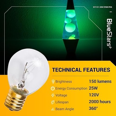BlueStars 6-Pack Lava Lamp Bulbs 25 Watt, S11 E17 Intermediate Base Replacement - Compatible with 14.5-Inch/20-Ounce Lava Lamps, Glitter Lamps Dimmable - Warm White - Long Life