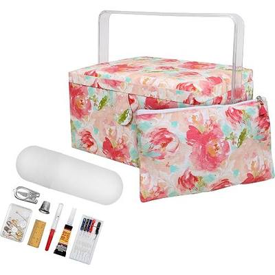 SINGER Large Premium Sewing Basket Watercolor Floral Print with Emergency Travel Sewing Kit & Matching Zipper Pouch