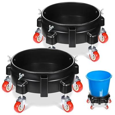 2 Pcs 5 Gallon Bucket Dolly with 5 Swivel Wheel Casters 11.42'' Car Wash Bucket Dolly Round Plastic Dollies for Car Washing Garage Construction Flowerpot(Black)