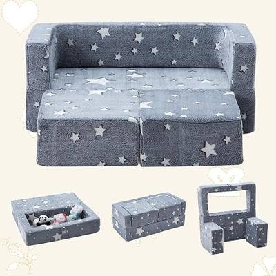 Kids Play Couch 3-in-1 Modular Toddler Baby Couches Foam Armchair for Boys & Girls Children Convertible Sofa to Lounger Fold Out Kids Furniture Sofa Play Set, Grow in The Dark Star