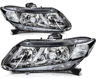 Headlight Assembly For Honda Civic 2012-2015 | Clear Lens Black Housing Clear Reflector | Driver and Passenger Side Headlamp | 33150TR0A01 33400TR0A01
