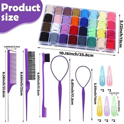 Cotton Toddler Hair Ties 32 Colors, 320 Pcs Baby Hair Ties with 15 Hair Styling Tools Organizer Box, Soft Seamless Elastic Hair Bands Hair Accessories for Girls Kids