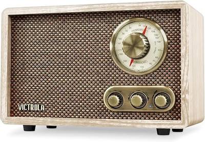 Victrola Willow - Retro Wood Bluetooth Radio, AM/FM - Natural | Compact wood tabletop radio, analog AM/FM rotary dial, Bluetooth streaming, built-in speakers, bass and treble controls