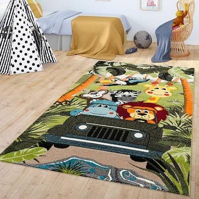 Paco Home Kids Rug for Nursery with Jungle Animals on Safari in Green, Size: 4' x 5'7"