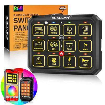 Auxbeam 12 Gang Switch Panel Bluetooth RGB AC-1200 with APP&Remote Control Toggle Momentary Pulsed Switch Pod Off Backlight for Truck Offroad 12-24V Waterproof 3 Years Warranty (Patent Registering) | Wireless Remote Control Panel,Toggle/Momentary/Pulsed Switch Pod,On/Off Backlight,Waterproof for Tru