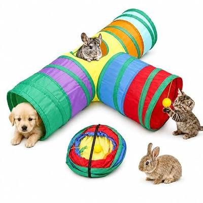 Rabbit Tunnel Collapsible 3 Way Tunnels and Tubes with Interactive Ball Bunny Hideout - Small Animal Activity Tunnel Toys for Dwarf Rabbit, Guinea Pig, Kitty
