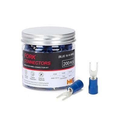 HKS 200PCS Insulated Fork Spade Wire Connectors - Blue 16-14 AWG M5 Stud Size #6 - Tinned Red Copper - U-Type Electrical Crimp Terminals