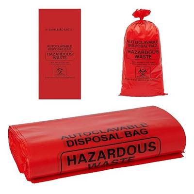 2-4 Gallon Red Polypropylene Biohazard Disposal Bags with Warning Label/Sterilization Indicator,24" x 12" x 12" x 3 mil (100Pcs / Pack)