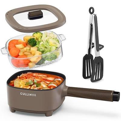 2L Hot Pot Electric with Steamer, Portable Electric Pot with Upgrade Titanium Nonstick Coating for Dorm, Office, Travel, Multi Cooker Pot for Ramen, Soup, Oatmeal (Tongs Included)