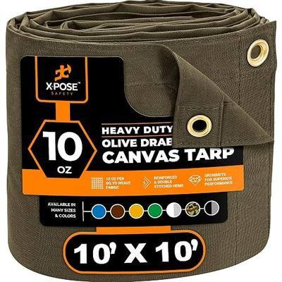 Xpose Safety Canvas Tarp - 10oz Olive Drab Canvas Tarps Heavy Duty Water Resistant with Brass Grommets- Multipurpose Outdoor Tarpaulin for Camping, Canopy, Trailer, Equipment Cover 10' x 10'