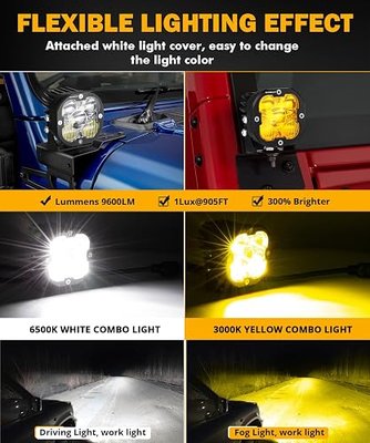 Auxbeam XP-Ultra Series 3 Inch LED Light Pods Cube Off-Road Ditch Lights | Spot Flood Combo, 80W 9600LM, Amber White Covers, Fog Light, Dual Color Offroad Lights, Driving lights for Trucks Jeep