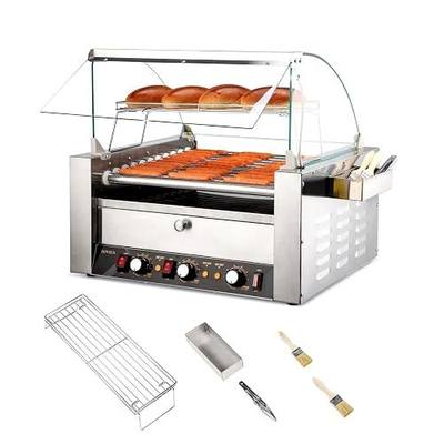 ROVSUN Hot Dog Roller, 30 Hot Dog 11 Rollers ETL Certified, Hot Dog Machine with Bun Warmer, Dual Temp Control, Glass Cover, LED, Side Storage Box, Shelf & Drip Tray for Home Commercial 2000W