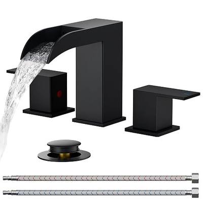 FORIOUS Bathroom Faucet 3 Hole 8 Inch Widespread Vanity Sink Matte Black | Square Waterfall Bathroom Sink Faucet Two Handles with Pop-up Drain, Lead-Free, for RV Vanity Lavatory and Restroom Basin