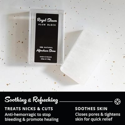 Royal Shave Natural Alum Block for Men with Travel Case (3.5 oz) | Natural Aftershave Relief Soothes Razor Burn, Calms Irritation & Seals Accidental Cuts Due to Shaving (Made in France)