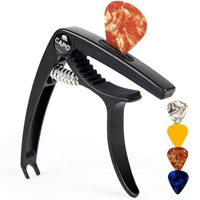 AARVI Guitar Capo with Built-in Pick Holder - Quick Change for Acoustic & Electric Guitars, Single-Handed Trigger Capo with Strong Spring + 4 Guitar Picks Included, Black