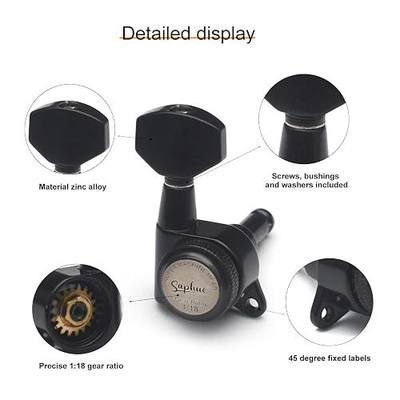 SAPHUE 6R Guitar Locking Tuners 1:18 Lock String Tuning Key Pegs Machine Head with Hexagonal Handle Replacement for Electric Folk or Acoustic Guitars (Black)