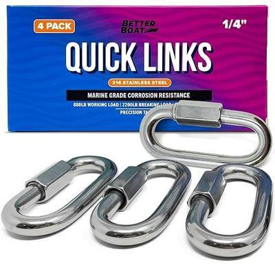 316 Stainless Steel Locking Chain Link, Threaded Quick Link Chain Connector Clips, Heavy Duty D Shape Quicklinks, 1/2", 3/8", 5/16", 1/4" Small Sizes, Marine Grade, 4 Pack Safety Links 1/4"