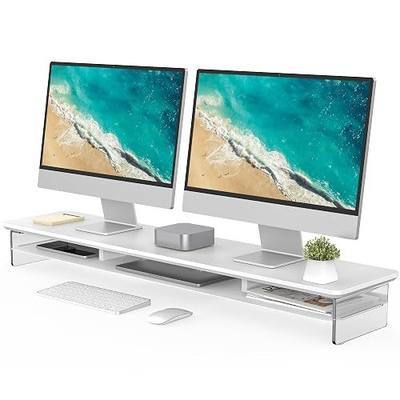 Fenge 42.5" Dual Monitor Stand with Clear Acrylic Legs, White | Clear Acrylic, Storage Compartment, 2-tier Home Office Monitor Riser, Wide Large Desktop Shelf Fit Monitor/Laptop/Printer