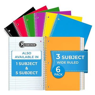 Rosmonde 3 Subject Notebook, 6 Pack, Spiral Notebook Wide Ruled, 150 Sheets | No-Bleed Paper, 3 Hole Punched, 300 Pages, 8x10-1/2", 3 Subject Spiral Notebook for School, Home & Office, Assorted Colors