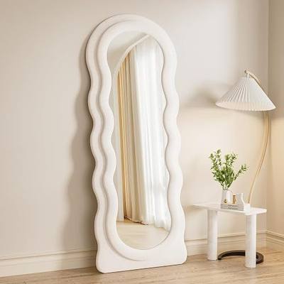 Rowjut Full Length Mirorr, 63"x24" Mirrors Full Length, Irregular Wavy/Wall Mounted & Standing Floor Mirror with Flannel, Body Mirorr Hanging or Leaning Against Wall for Bedroom (White)