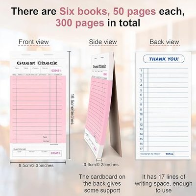 6 Pack Server Note Pads, Guest Check Books for Servers, Guest Checks Notepad for Waiter Waitress Servers, Waitress Notepad for Restaurants Food Order, 50 Sheets/Pad, Pink Guest Check