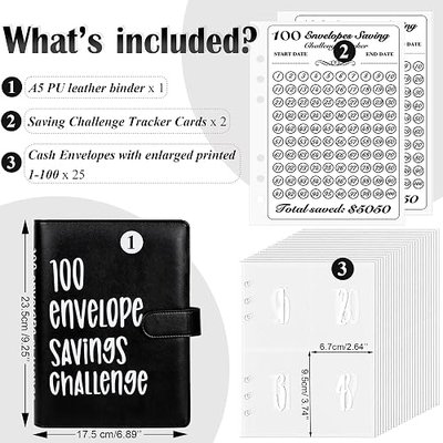 100 Envelopes Money Saving Challenge Binder, Easy and Fun Way to Save $5,050, A5 Budget Book with Cash Envelopes Kit,Black,White