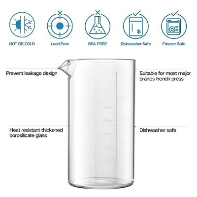 YMMIND Standard Universal Design 34 oz French Press Replacement Glass Beaker, Fits Most Brands French Press Coffee Makers (1Quart / 1000ml / 5-6 Cup) Coffee Press Borosilicate Glass Water Bottle